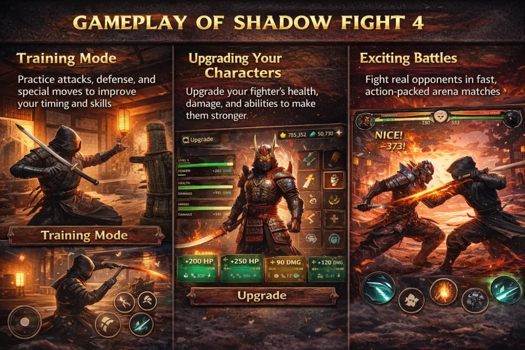 Shadow Fight 4 gameplay featuring training mode, character upgrading, and exciting battles