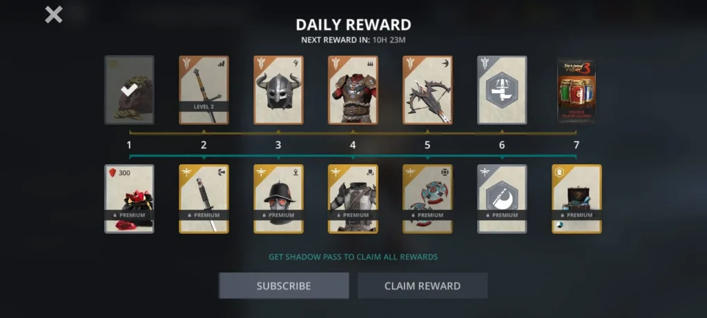 Daily rewards list in Shadow Fight 3