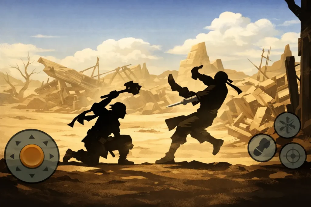 Shadow Fight 2 Special Edition gameplay showing a shadow warrior fighting a ninja enemy