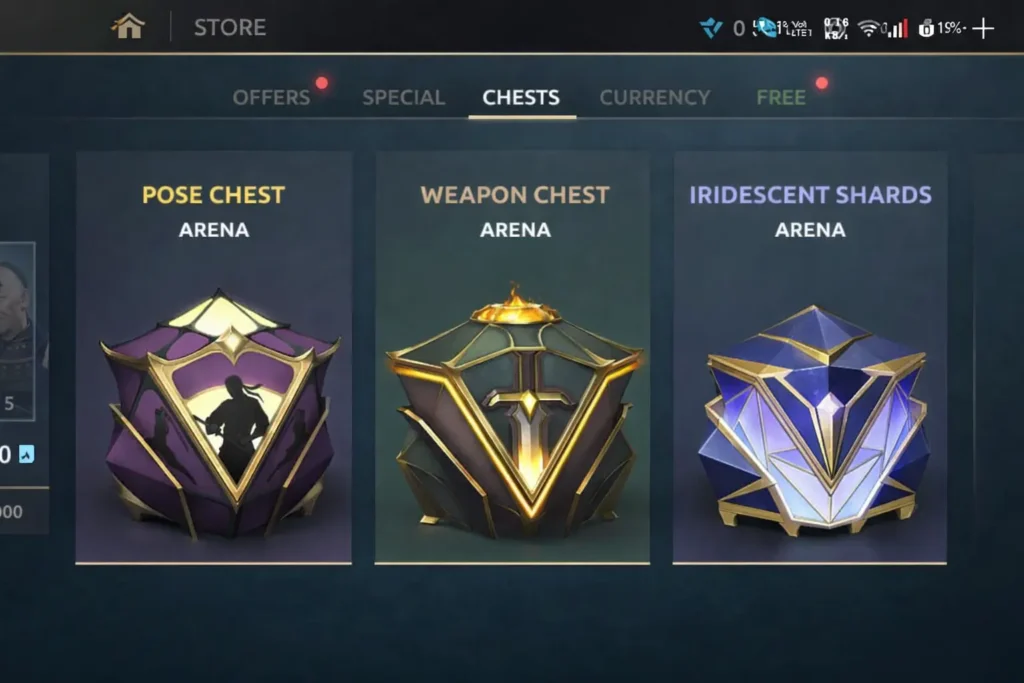 Shadow Fight 4 store screen showing pose chest, weapon chest, and iridescent shards