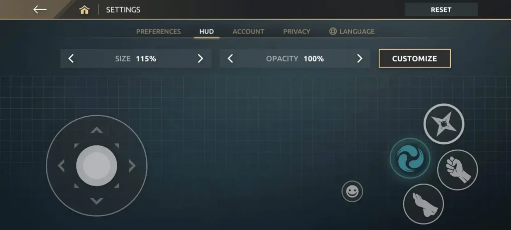 Shadow Fight 4 HUD settings screen showing customizable control layout and button size