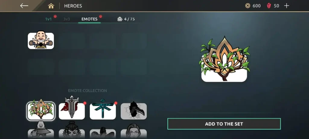 Shadow Fight 4 heroes emotes screen showing unlocked emotes collection