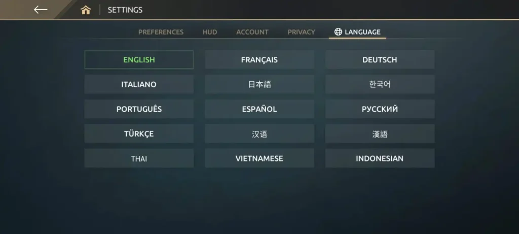 Shadow Fight 4 language settings screen showing multiple language options