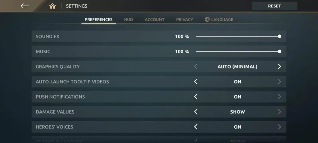 Shadow Fight 4 preferences settings showing sound, graphics, and gameplay options