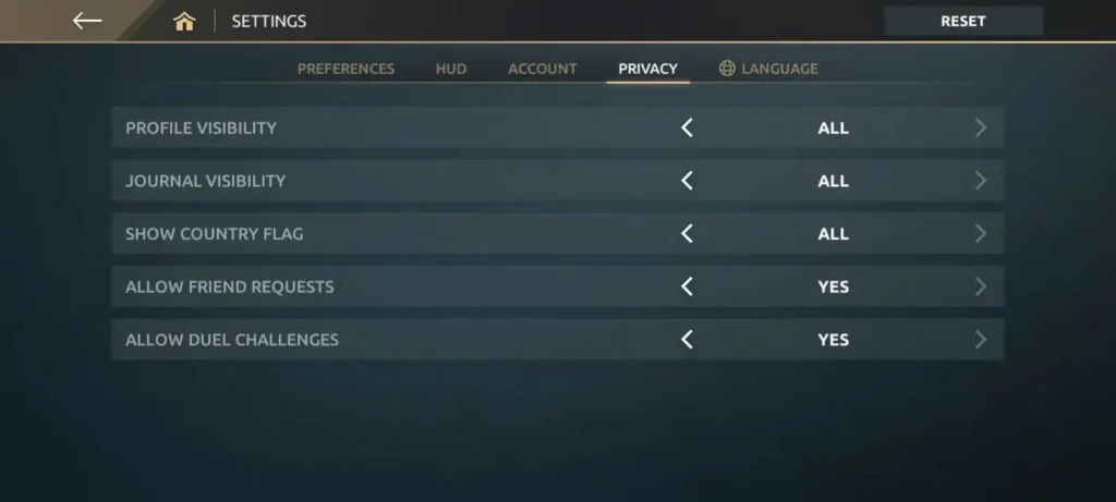 Shadow Fight 4 privacy settings screen showing profile visibility and duel options